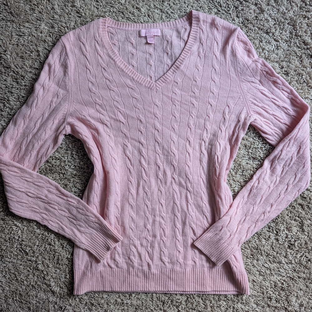 Pink Cable Knit V-Neck Sweater